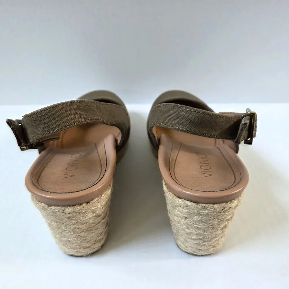 Vionic Coralina Espadrille Wedges Size 9.5 Olive Green Slingback Preppy Sandals